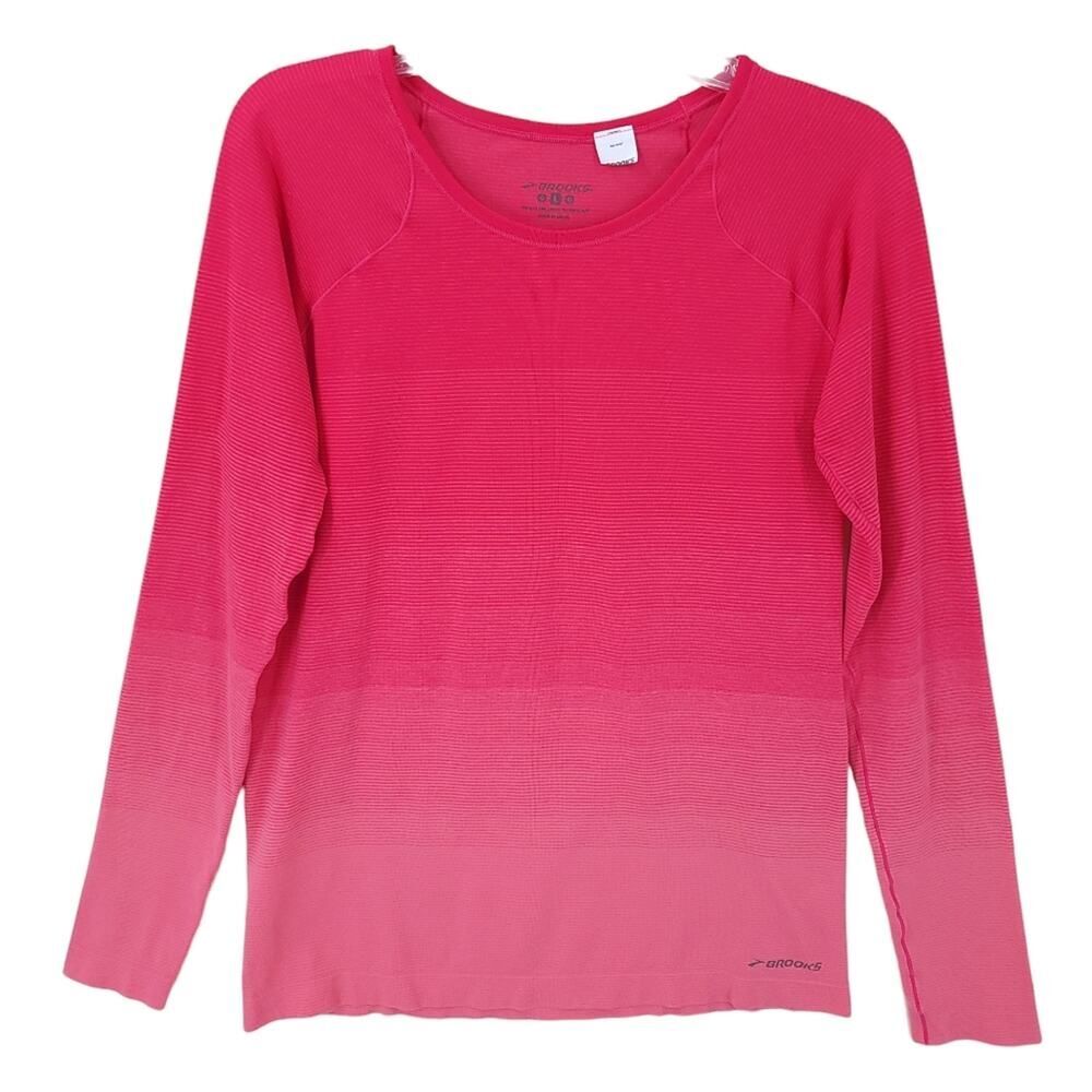 Brooks Pink Ribbed Running Top LG - Picture 2 of 13
